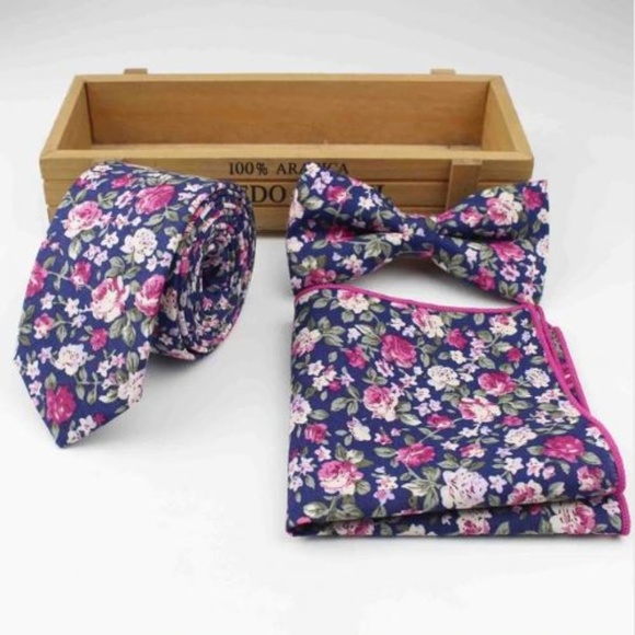LiveChicStyle Other - Navy & Burgundy Floral Tie Set, NEW 3 pcs